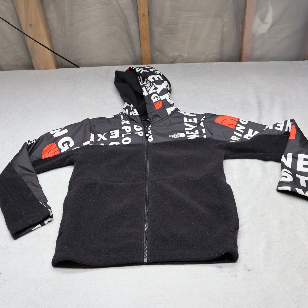 North Face Hoodie Youth Medium 10/12 BLK Logo Graphic Fleece Full Zip Sweatshirt